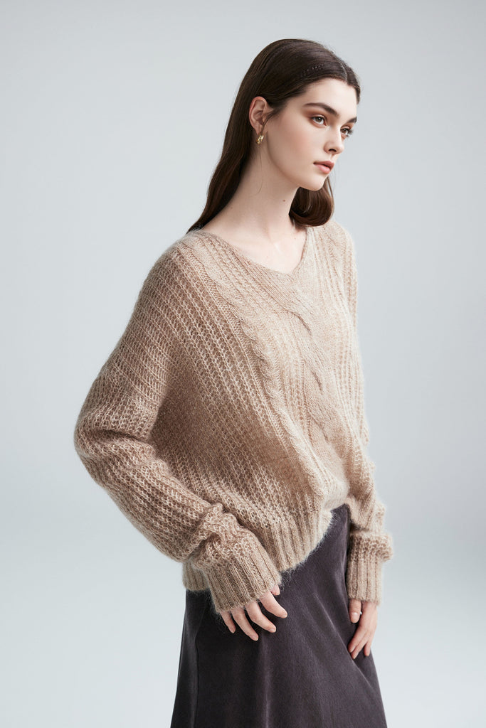 Oversized Mohair-Wool Open Knit V-Neck Cable Sweater  Fibflx