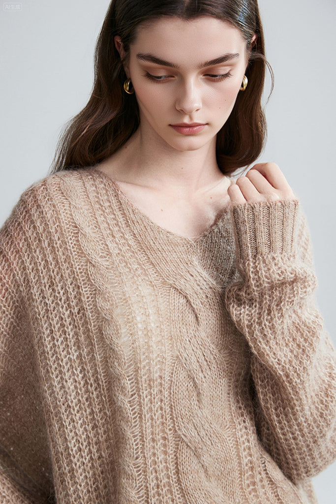 Oversized Mohair-Wool Open Knit V-Neck Cable Sweater  Fibflx
