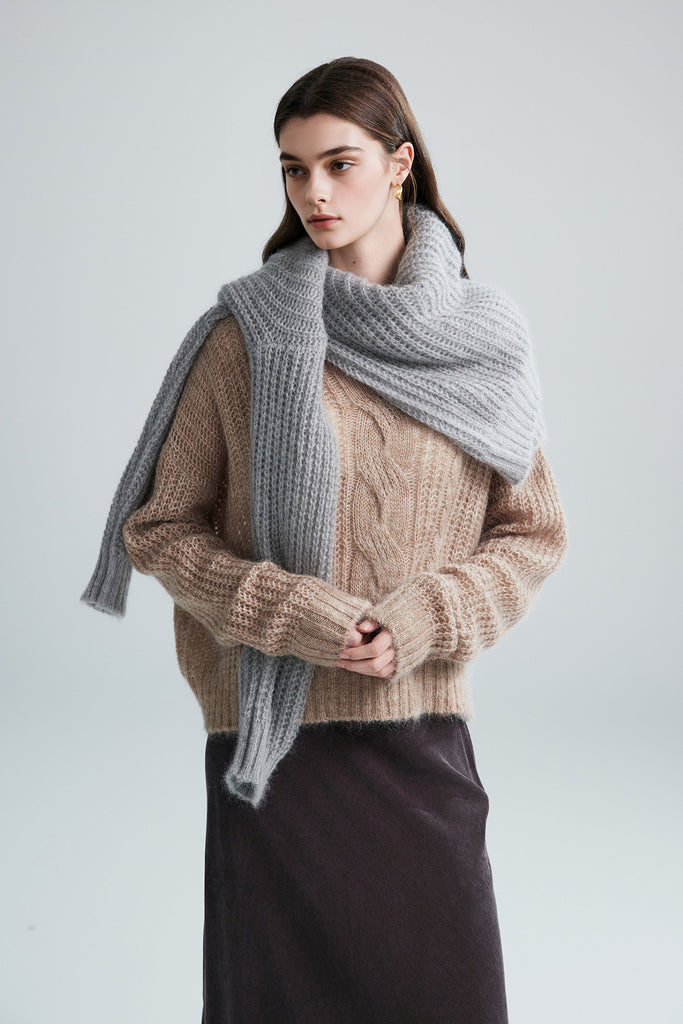 Oversized Mohair-Wool Open Knit V-Neck Cable Sweater  Fibflx