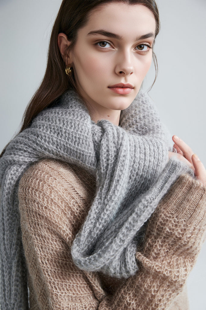 Oversized Mohair-Wool Open Knit V-Neck Cable Sweater  Fibflx