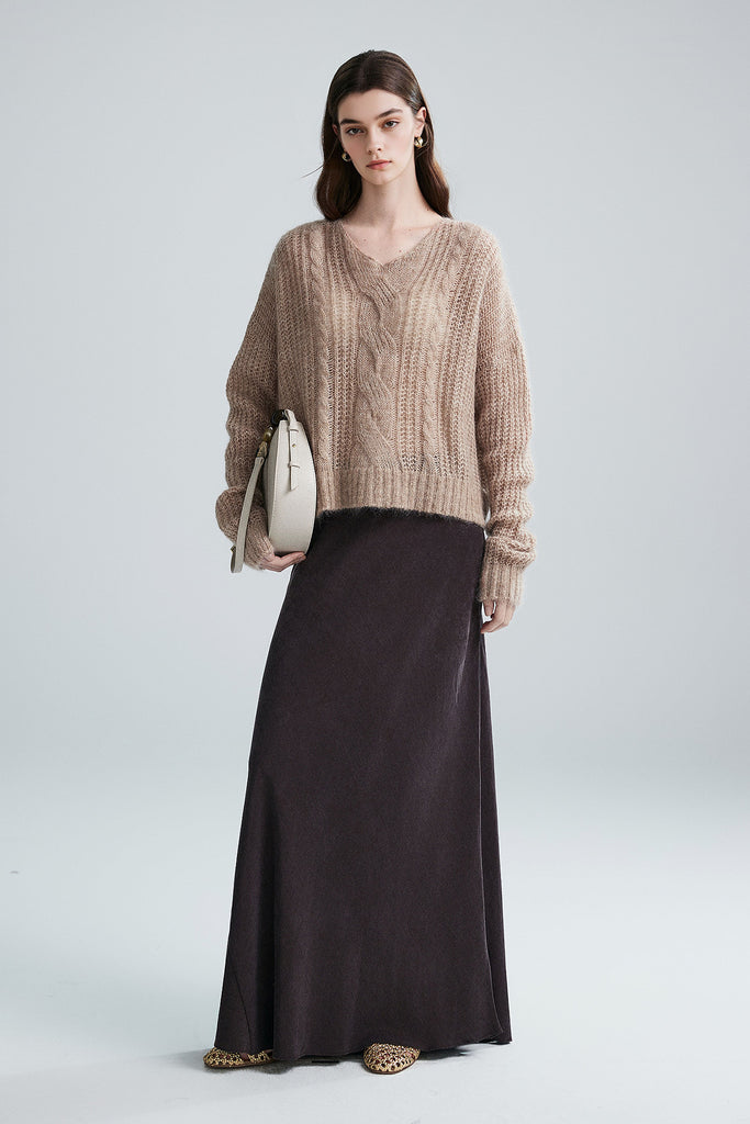 Oversized Mohair-Wool Open Knit V-Neck Cable Sweater  Fibflx
