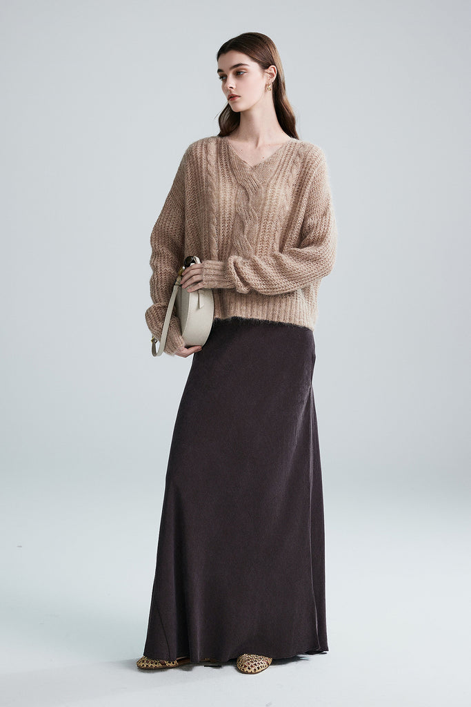 Oversized Mohair-Wool Open Knit V-Neck Cable Sweater  Fibflx