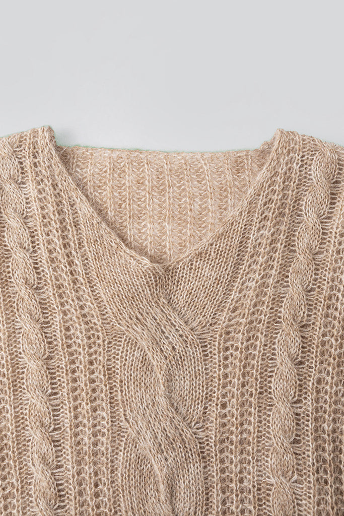 Oversized Mohair-Wool Open Knit V-Neck Cable Sweater  Fibflx