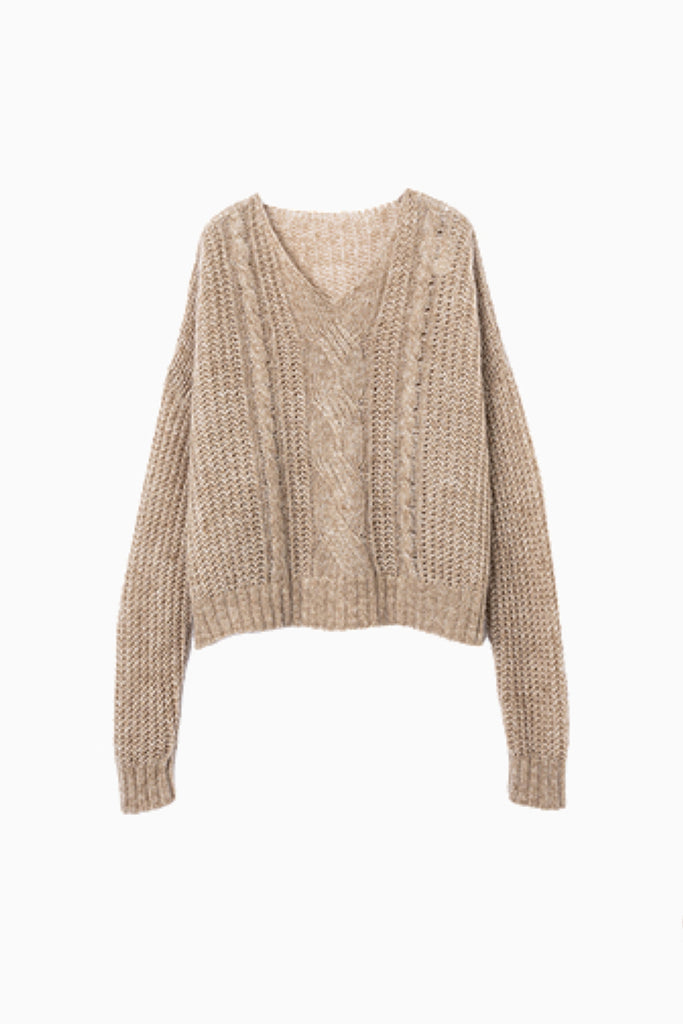 Oversized Mohair-Wool Open Knit V-Neck Cable Sweater  Fibflx