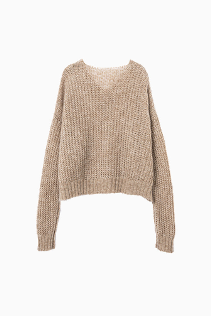 Oversized Mohair-Wool Open Knit V-Neck Cable Sweater  Fibflx