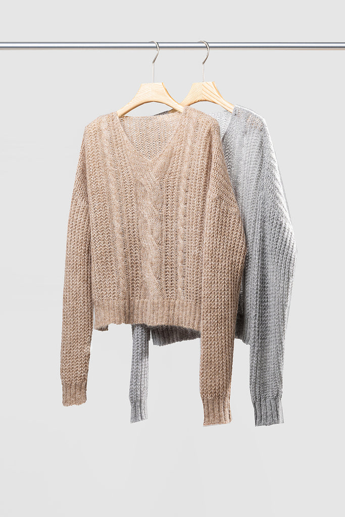 Oversized Mohair-Wool Open Knit V-Neck Cable Sweater  Fibflx