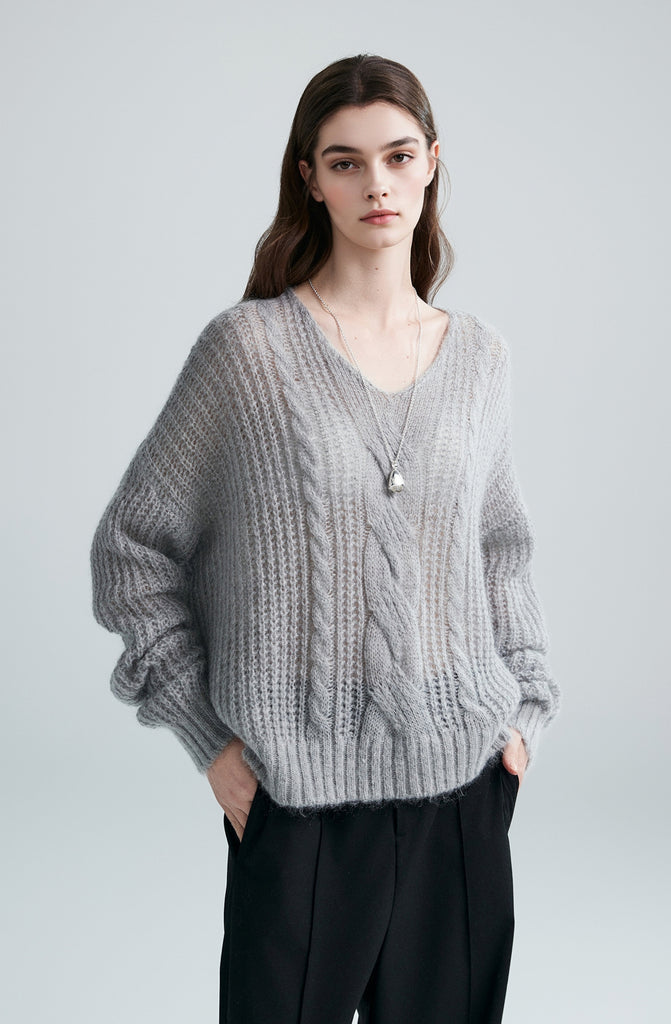 Oversized Mohair-Wool Open Knit V-Neck Cable Sweater Rhinestone Grey / L Fibflx