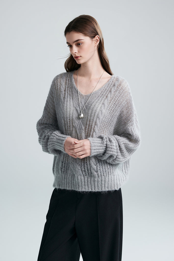 Oversized Mohair-Wool Open Knit V-Neck Cable Sweater  Fibflx