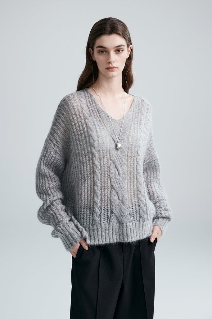 Oversized Mohair-Wool Open Knit V-Neck Cable Sweater  Fibflx