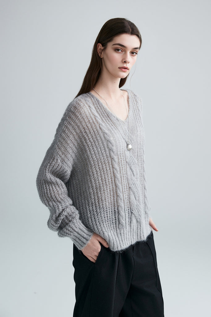 Oversized Mohair-Wool Open Knit V-Neck Cable Sweater  Fibflx