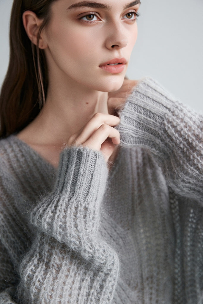 Oversized Mohair-Wool Open Knit V-Neck Cable Sweater  Fibflx