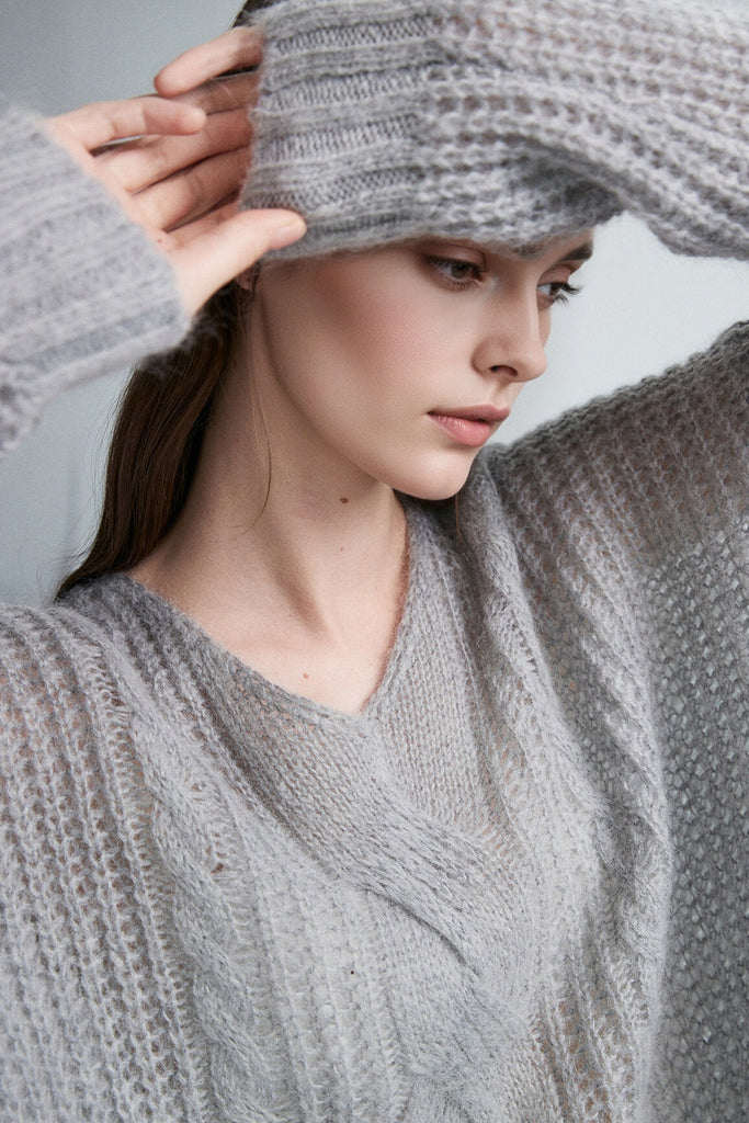 Oversized Mohair-Wool Open Knit V-Neck Cable Sweater  Fibflx
