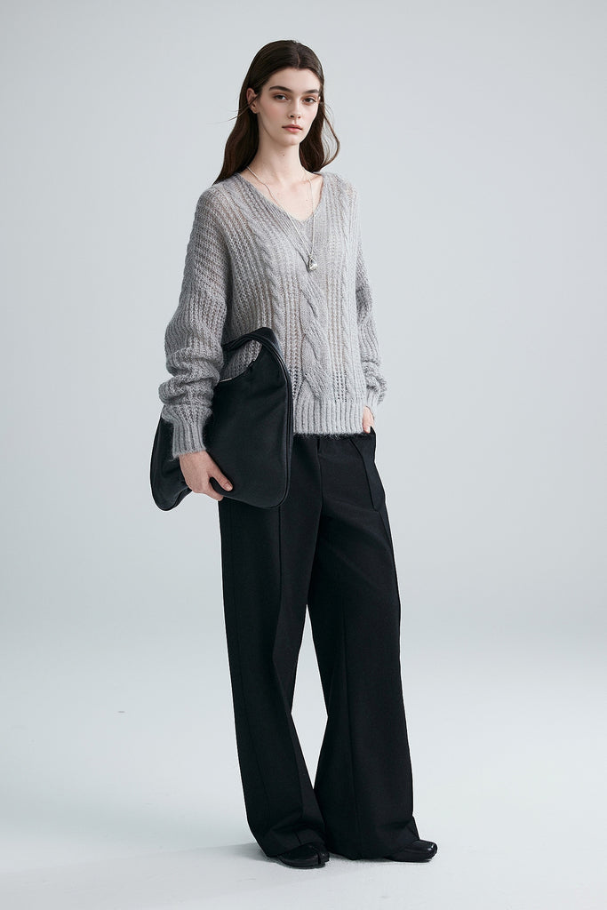 Oversized Mohair-Wool Open Knit V-Neck Cable Sweater  Fibflx