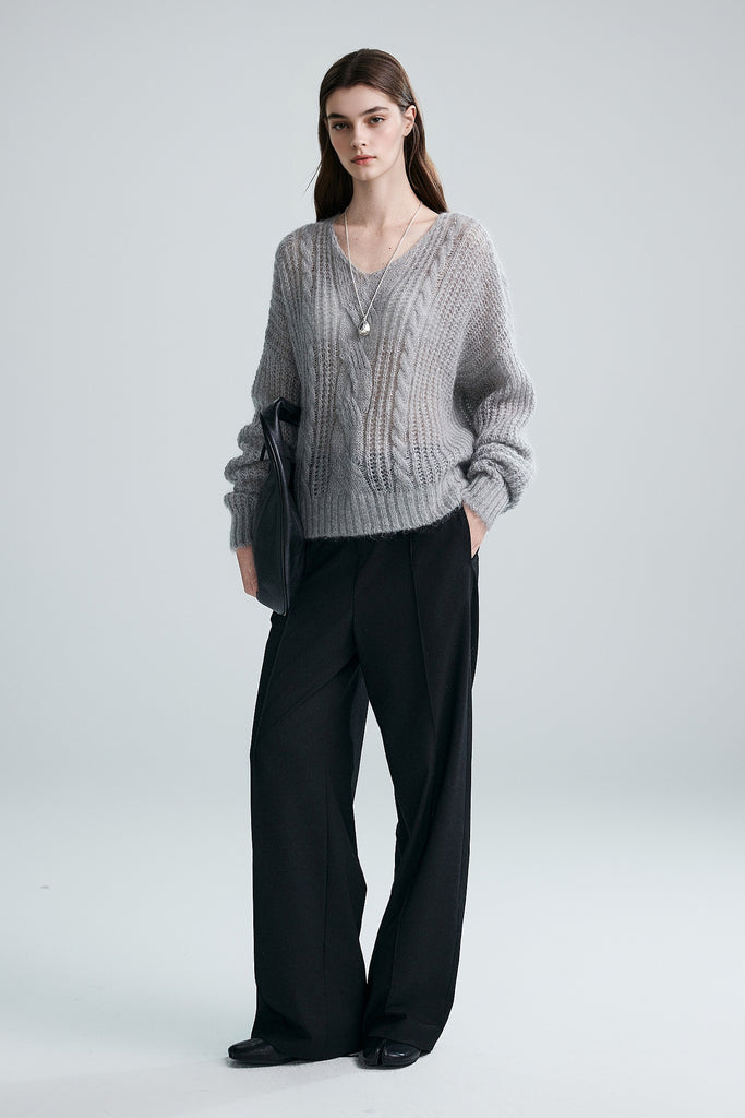 Oversized Mohair-Wool Open Knit V-Neck Cable Sweater  Fibflx