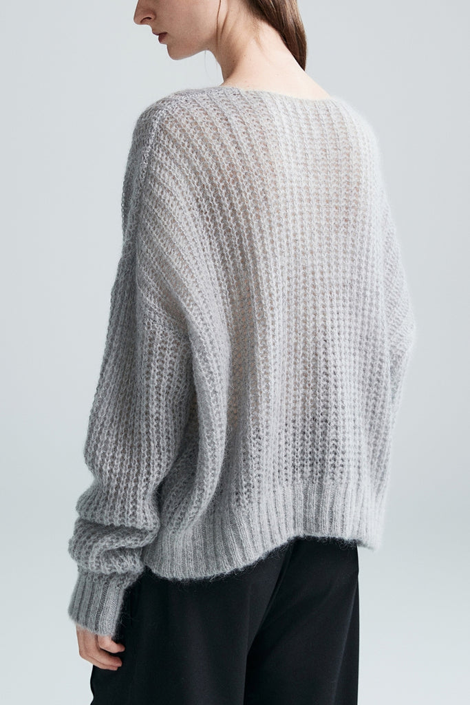 Oversized Mohair-Wool Open Knit V-Neck Cable Sweater  Fibflx