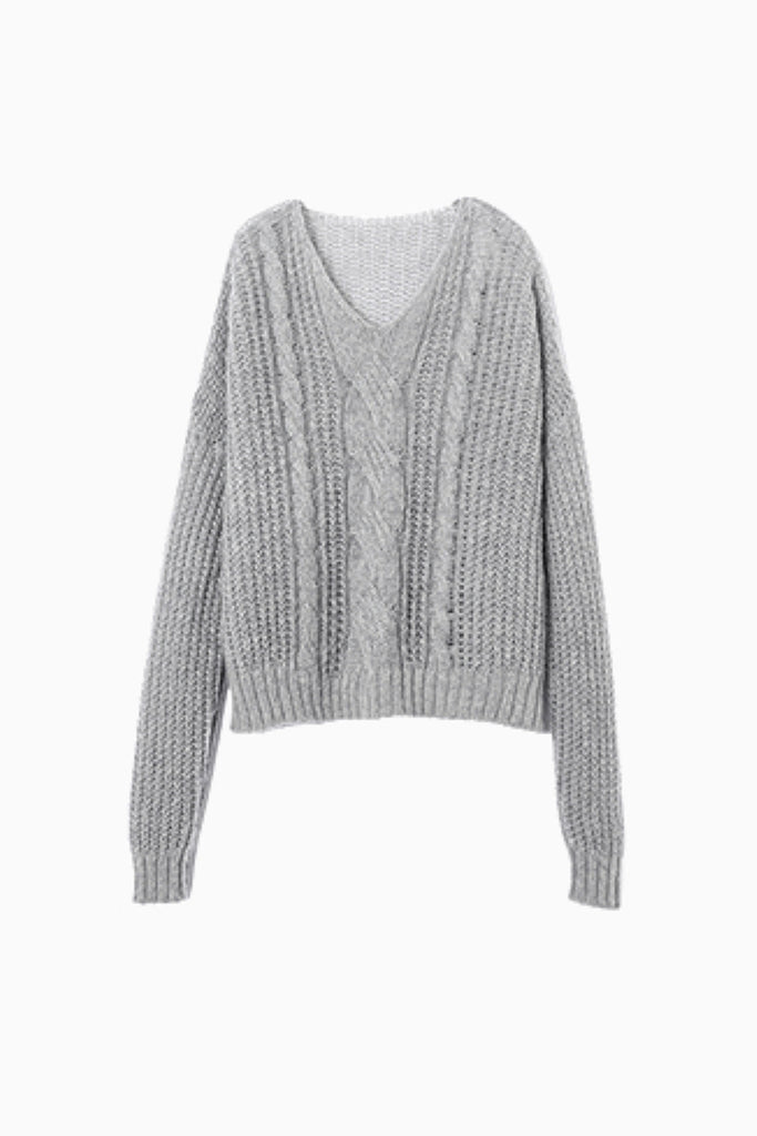 Oversized Mohair-Wool Open Knit V-Neck Cable Sweater  Fibflx