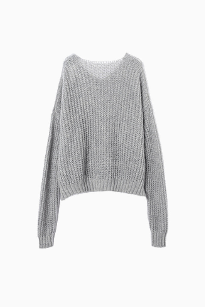 Oversized Mohair-Wool Open Knit V-Neck Cable Sweater  Fibflx