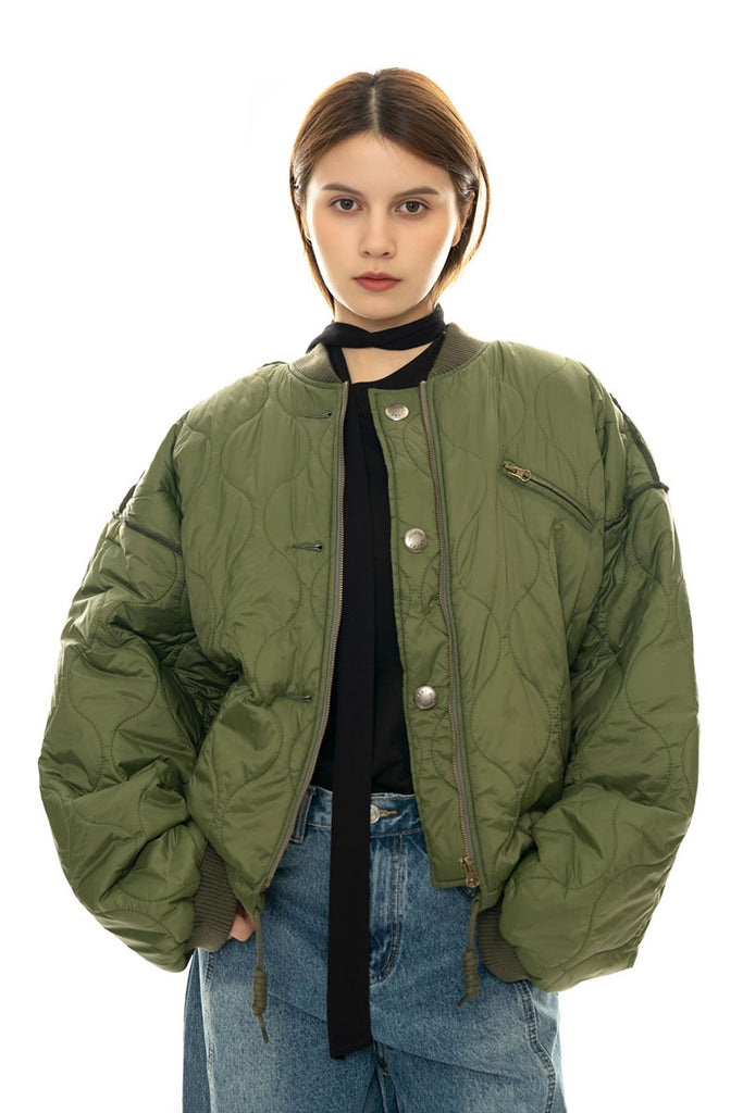 Fibflx Women's Oversized Quilted Zip-Up Bomber Jacket in Green