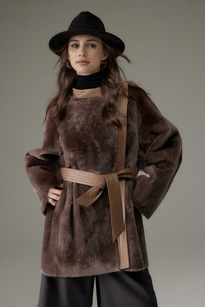 Fibflx Women's Oversized Spain Merino Sheepskin Shearling Wrap Coat with Belt