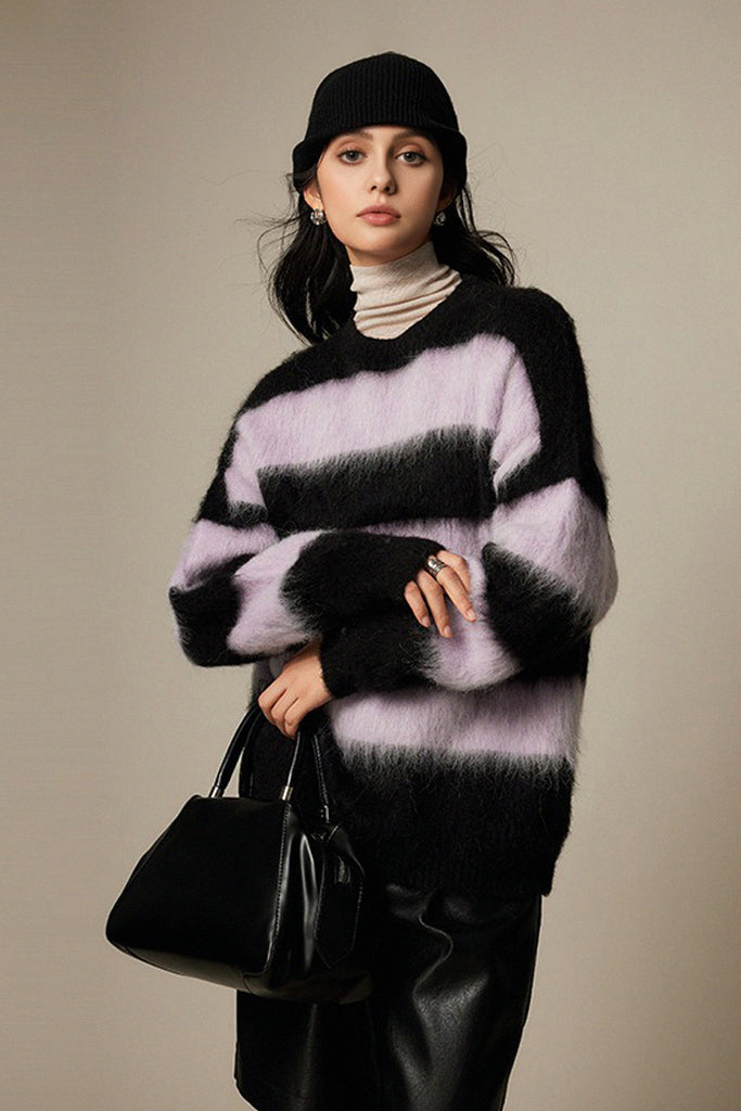 Oversized Striped Alpaca Blend Crewneck Sweater  Fibflx