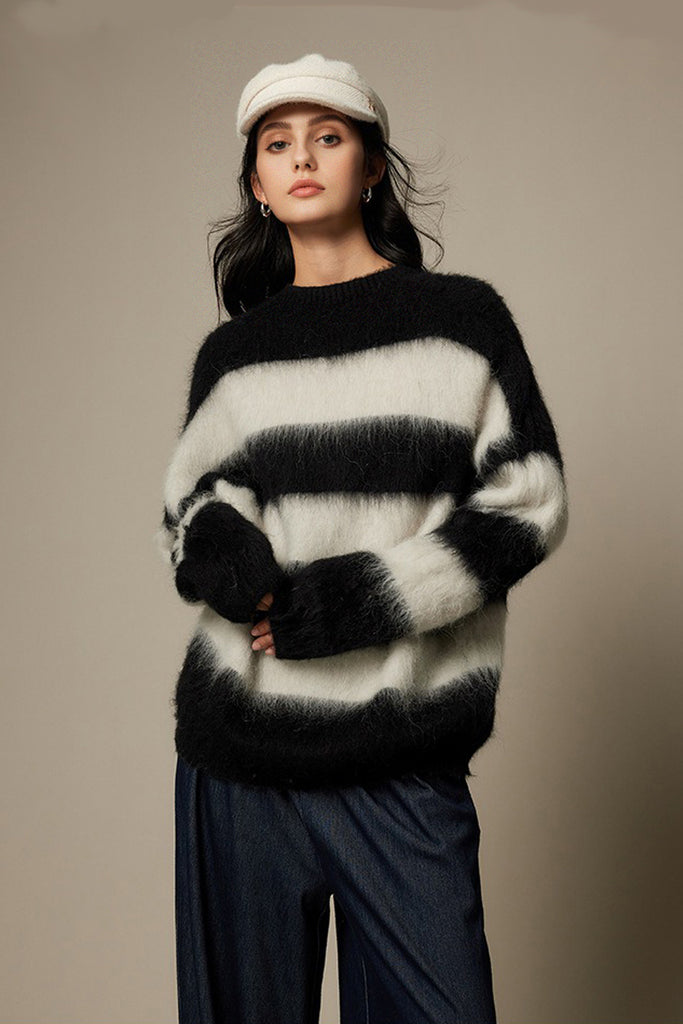Oversized Striped Alpaca Blend Crewneck Sweater Black N White Stripes / One Size (Relaxed fit for  Fibflx