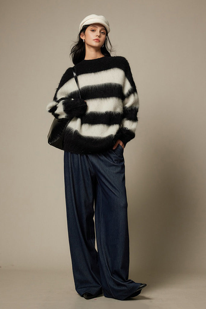 Oversized Striped Alpaca Blend Crewneck Sweater  Fibflx