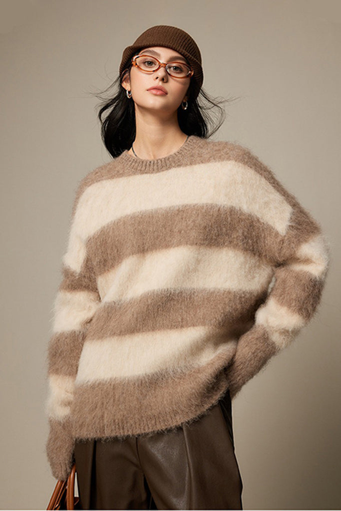 Oversized Striped Alpaca Blend Crewneck Sweater Camel N Oak Beige Stripes / One Size (Relaxed fit  Fibflx