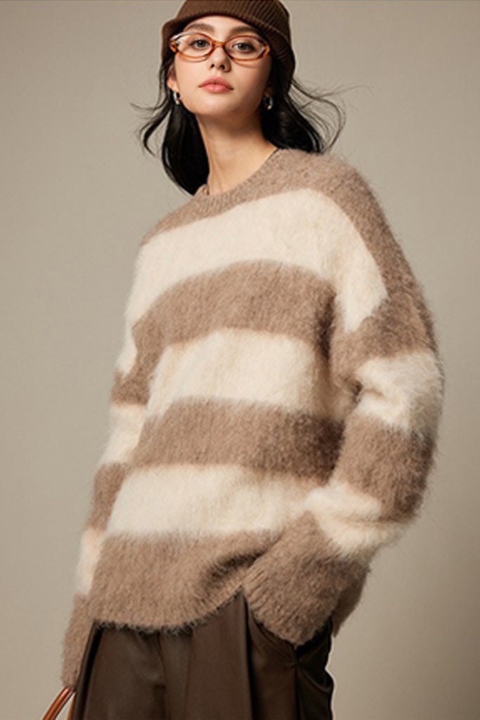 Oversized Striped Alpaca Blend Crewneck Sweater  Fibflx