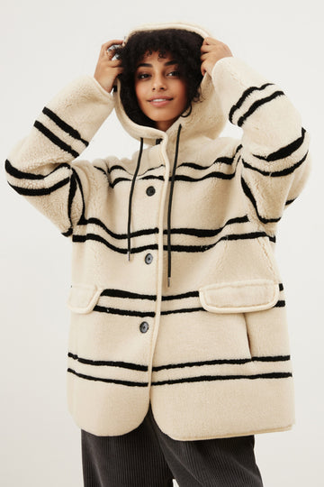 Fibflx Women's Oversized Striped Merino Sheepskin Shearling Coat with Hood