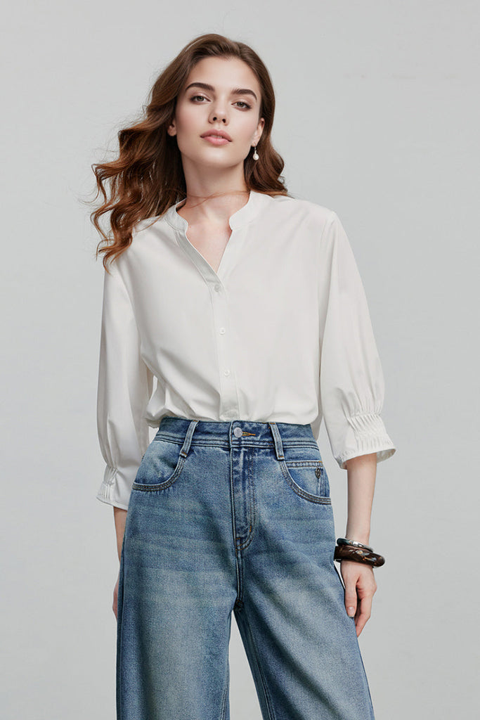 Oversized V-Neck Collarless Shirt Fibflx
