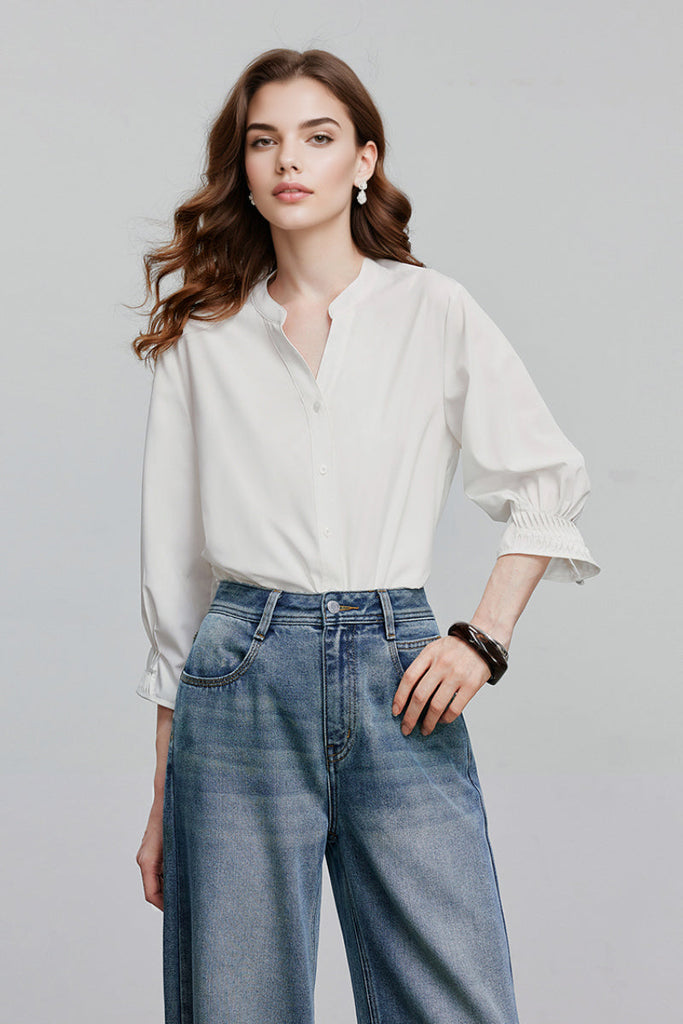 Oversized V-Neck Collarless Shirt Fibflx