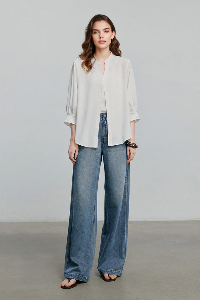 Oversized V-Neck Collarless Shirt Fibflx