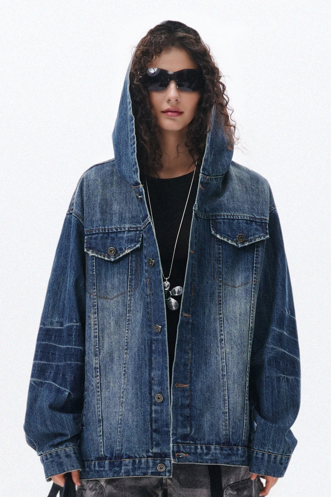 Fibflx Women's Oversized Washed Denim Hooded Jacket