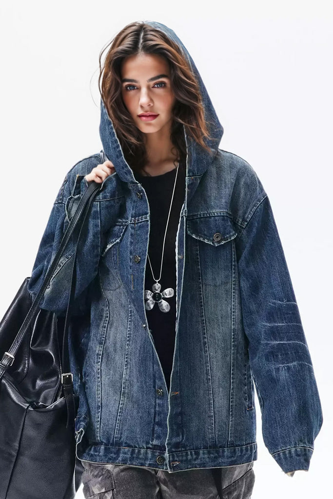 Oversized Washed Denim Hooded Jacket  Fibflx
