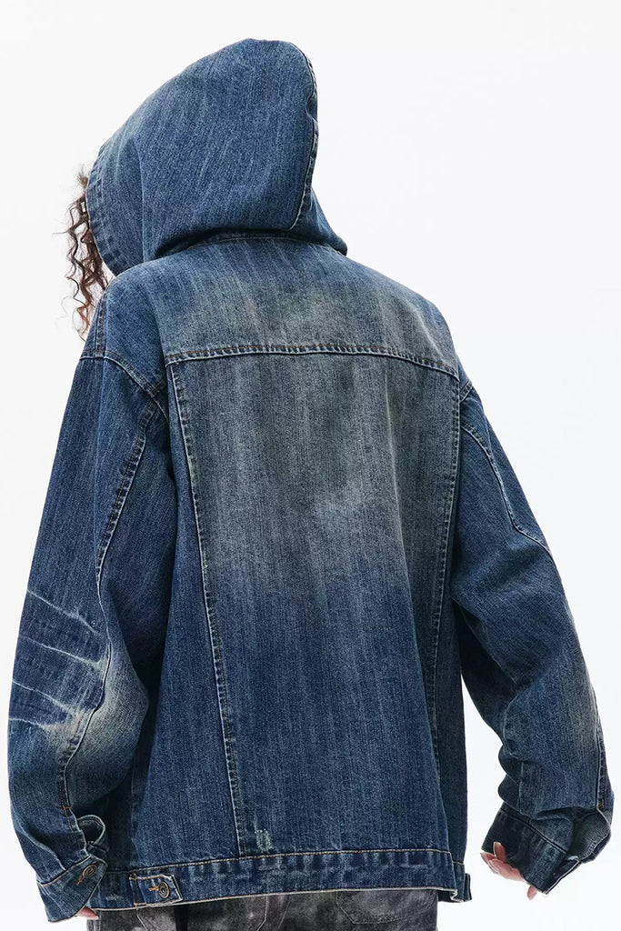 Oversized Washed Denim Hooded Jacket  Fibflx