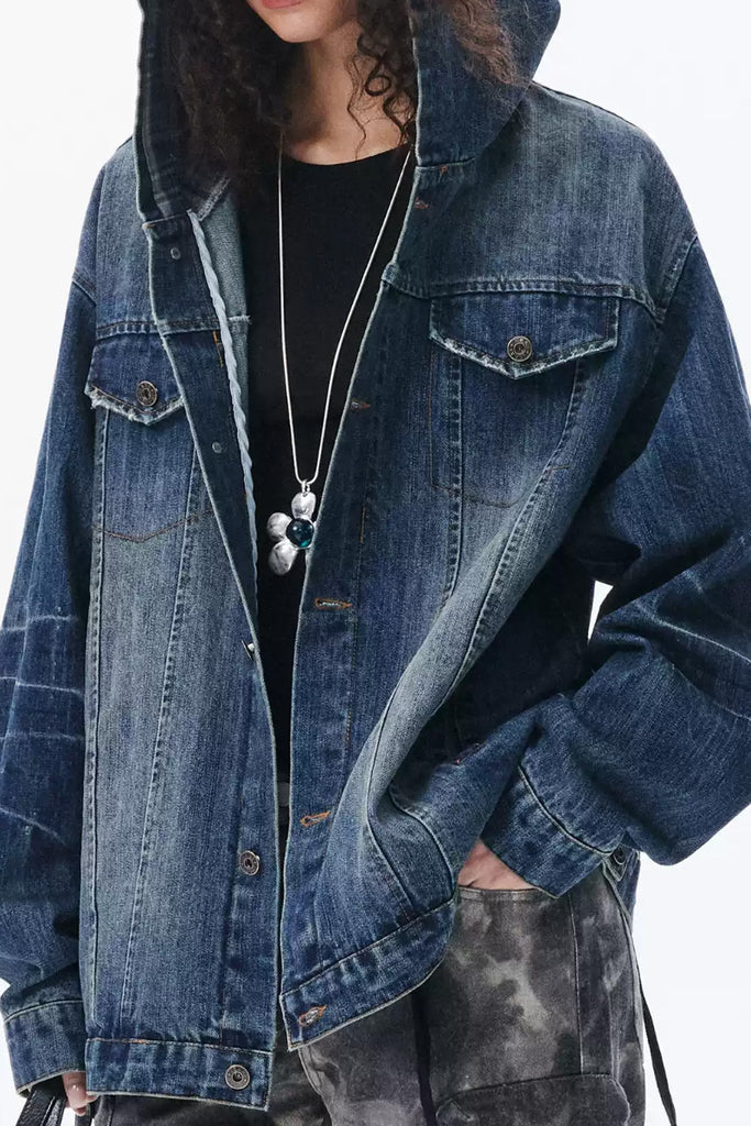 Oversized Washed Denim Hooded Jacket  Fibflx