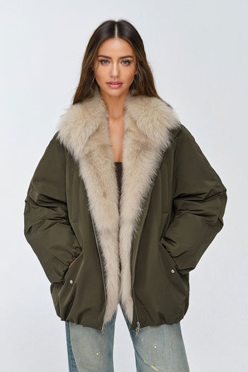 Fibflx Women's Oversized Water Repellent Puffer Bomber Coat with Detachable Fox Fur Collar