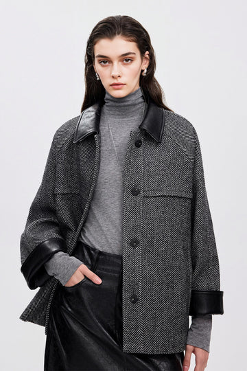 Oversized Wool Herringbone Jacket with Leather Trim - Fibflx