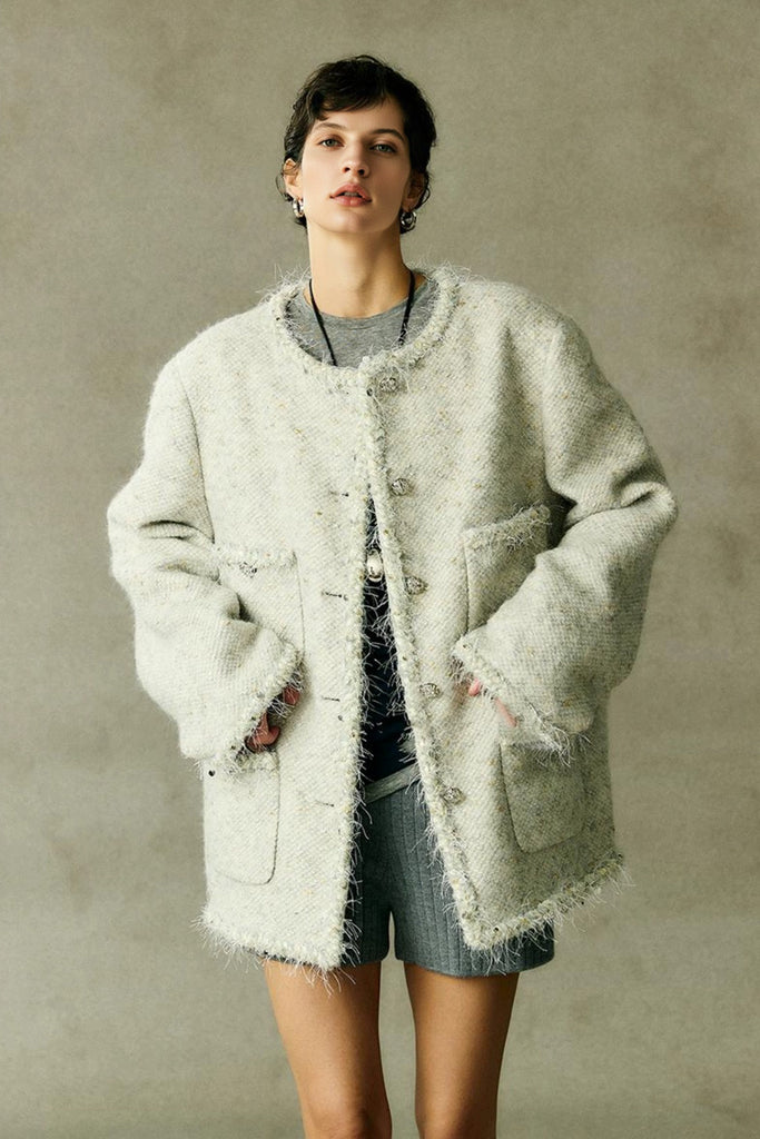 Oversized Wool Metallic Tweed Jacket with Braided Trim Chalk White / L Fibflx