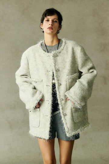 Oversized Wool Metallic Tweed Jacket with Braided Trim Chalk White / L Fibflx