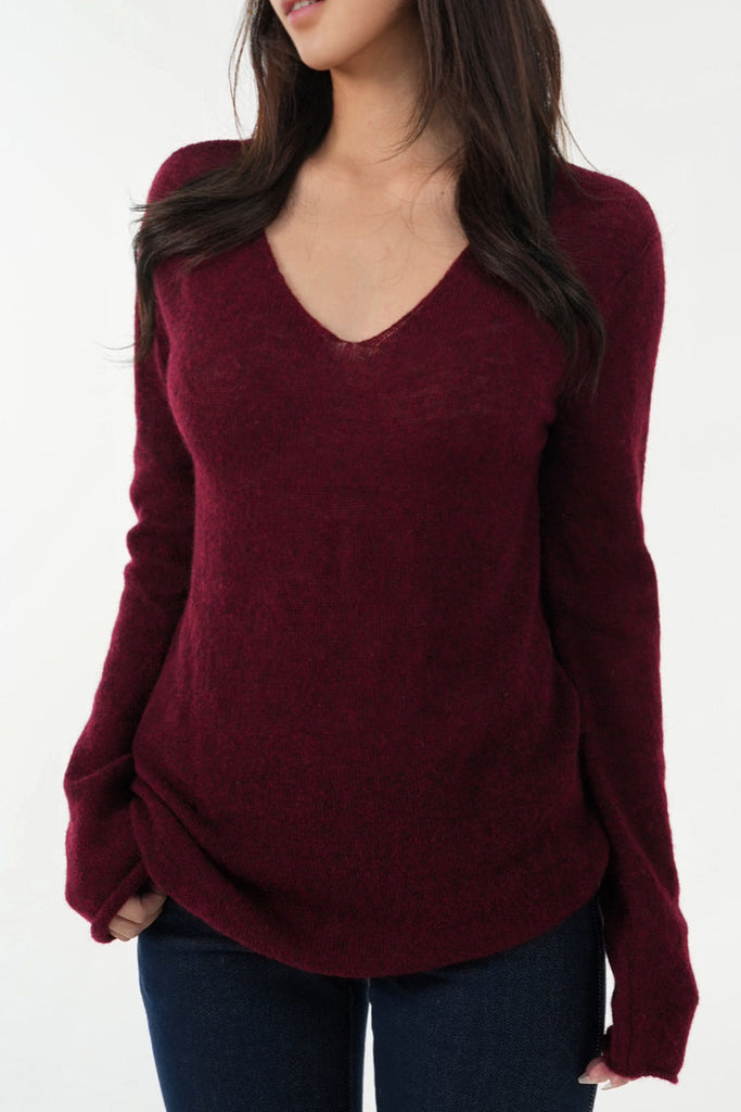 Oversized Wool-Mohair Blend V-Neck Pullover Sweater in Burgundy Fibflx