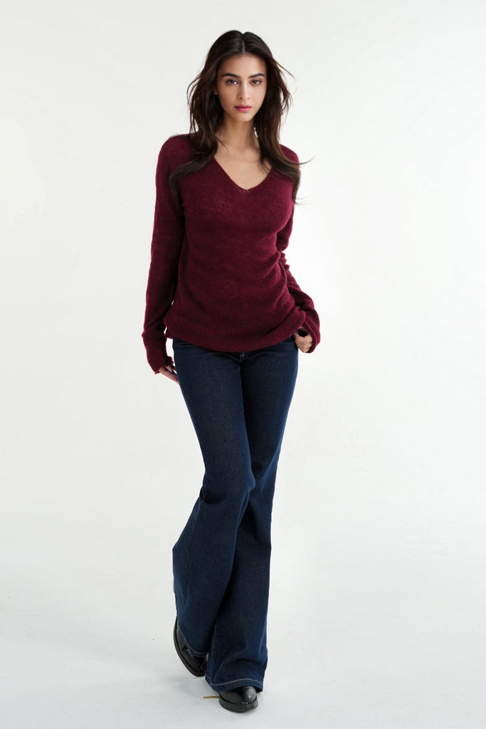 Oversized Wool-Mohair Blend V-Neck Pullover Sweater in Burgundy Fibflx