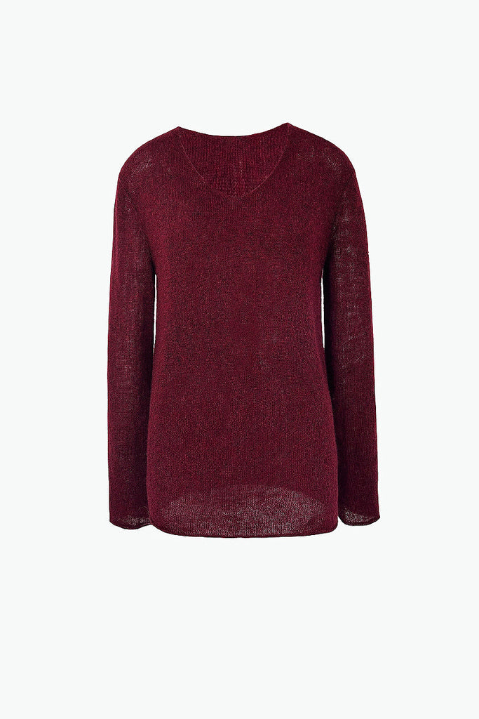 Oversized Wool-Mohair Blend V-Neck Pullover Sweater in Burgundy Fibflx