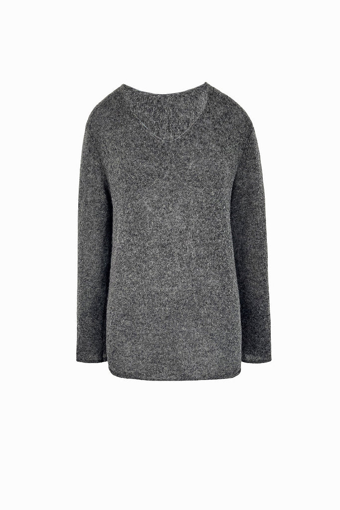 Oversized Wool-Mohair Blend V-Neck Pullover Sweater in Burgundy Fibflx