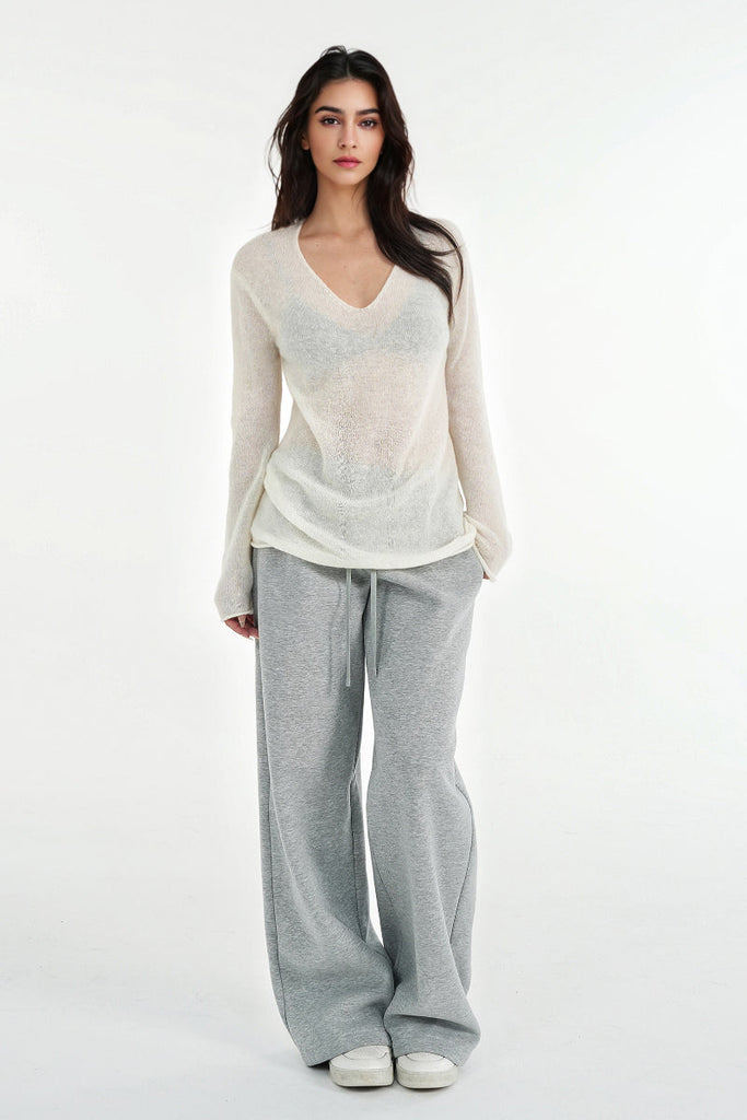 Oversized Wool-Mohair Blend V-Neck Pullover Sweater in Burgundy Fibflx