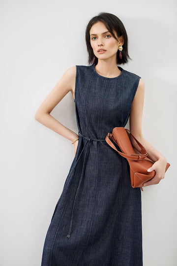 Paneled Sleeveless Denim A-Line Dress with Belt - Fibflx