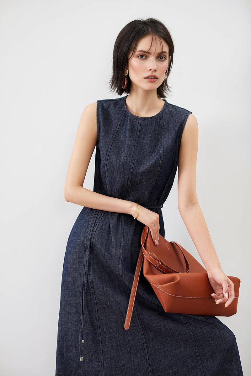Paneled Sleeveless Denim A-Line Dress with Belt Mid Night Blue Denim / M