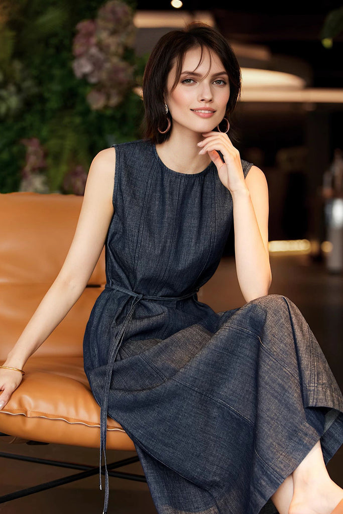 Paneled Sleeveless Denim A-Line Dress with Belt  Fibflx