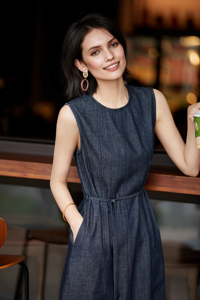 Paneled Sleeveless Denim A-Line Dress with Belt  Fibflx