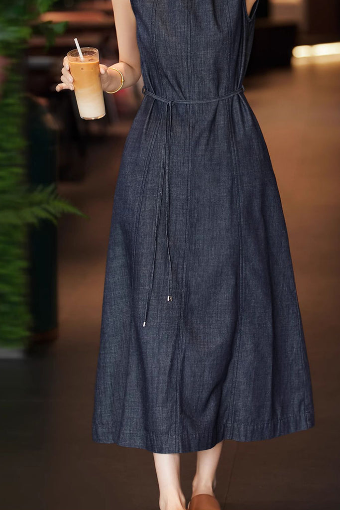 Paneled Sleeveless Denim A-Line Dress with Belt  Fibflx